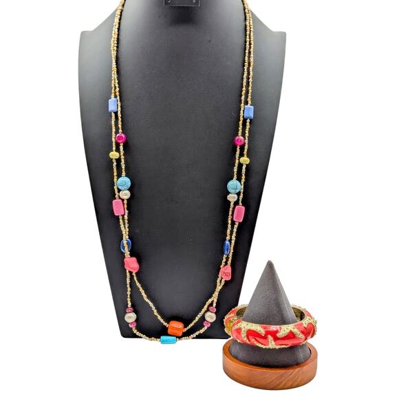 Chico's Boho 2 Strand Beaded Stone Pearl 38" Necklace & Enamel Clamper Bracelet - Picture 1 of 8